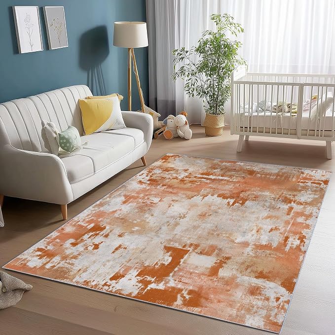 2x3 Washable Area Rug, Orange Color Retro Distressed Textured Design Non Slip Non-Shedding Rug Easy Care for Living Room Bedroom Kitchen Office Carpet