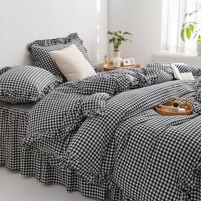 mixinni Black White Gingham Ruffle Duvet Cover Full Size 3 Pieces – 100% Washed Cotton, Vintage Plaid Ruffled Bedding Set with Zipper Ties, Soft Checkered Grid Farmhouse Chic Comforter Cover Set
