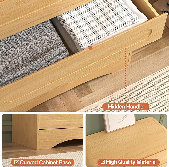 Tall Dresser for Bedroom, Modern Wood Chest of Drawers with Pre-Installed Slides and Curved Edges, 6 Drawer Vertical Storage for Bedroom or Hallway, Natural Oak