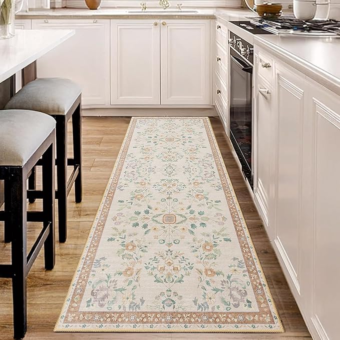 MUJOO Washable Runner Rug for Kitchen Hallways,2x6 Runner Rug Non Slip,Floral Carpet Runner for Bathroom Bedroom Laundry Floor,Long Mat Boho Indoor Vintage Low Pile Beige