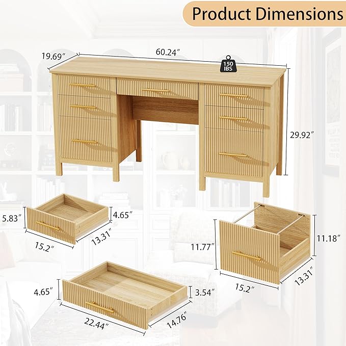 Modern Executive Desk with Drawers: 60" Oak Home Office Desks with File Drawers, Wood Fluted Computer Writing Desk for Work, Study, and Living Room (60")