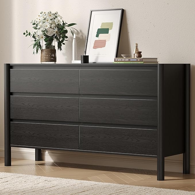CHUWELL Dresser for Bedroom, 47" Wide Mid Century Chest of Drawers with 6 Large Storage Space and 4 Solid Wood Cylindrical Legs (Black)