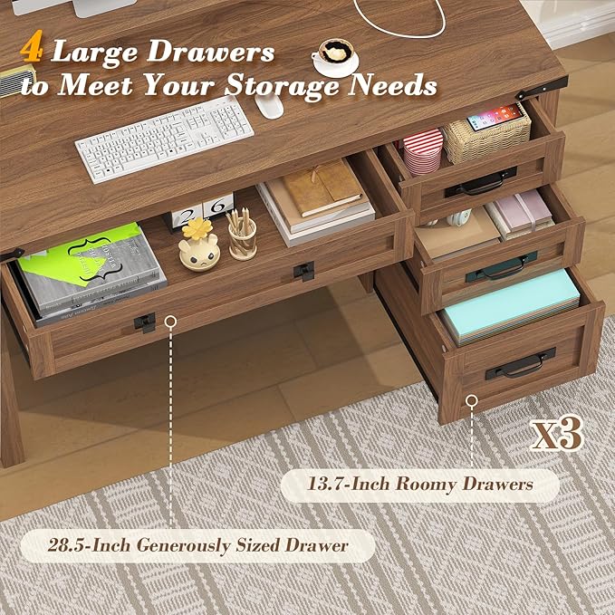 YOMILUVE Farmhouse Executive Desk with Drawers, 47" Computer Desk with Power Outlets, Home Office Desk with Monitor Stand & 4 Drawers, Small Desk Writing Study Table, Brown