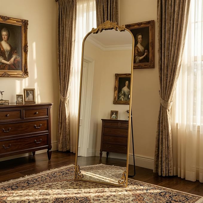 HARRITPURE Vintage Floor Mirror - 64"x 21" Large Baroque Carved Arched Full Length Mirrors with Metal Frame for Bedroom/Living Room/Entryway Retro Home Decor,Gold