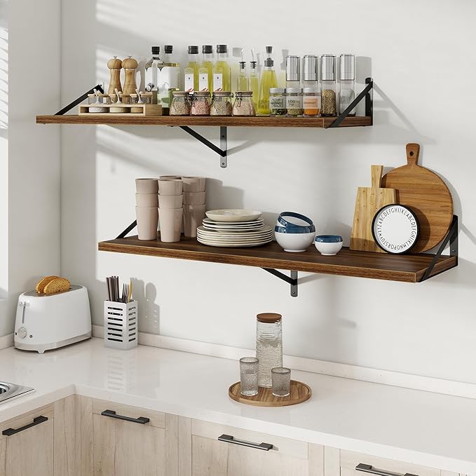 Floating Shelves, 12 Inch Deep Rustic Wood Wall Storage, 48W x 12D Wall Shelves Set of 2, Heavy Duty Metal Brackets, Large Industrial Book Shelf for Living Room, Kitchen, Bedroom, Walnut