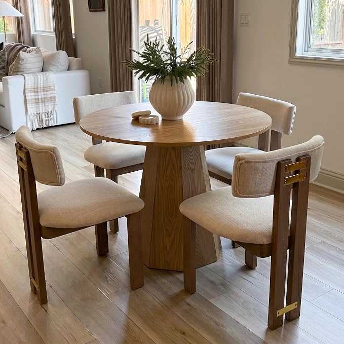 BESTANO 39” Round Solid Wood Dining Table for 4-5 People, Modern Pedestal Dining Kitchen Table, Farmhouse Small Wood Dining Table for Kitchen Easy Assemble, Saving Space, Brown