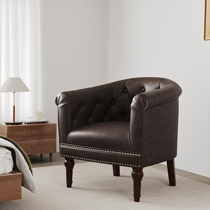 Accent Chair, Upholstered Faux Leather Barrel Chair with Nailed Trim, Comfy Club Armchair for Reading Living Room Bedroom Waiting Room (Chocolate, Set of 2)