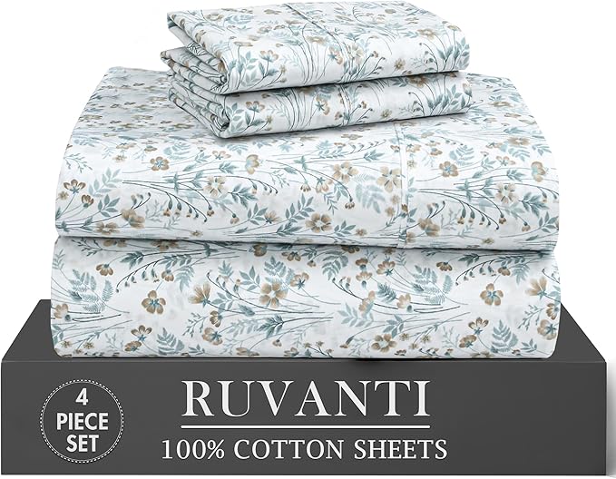 RUVANTI 100% Cotton Percale Sheets Twin Size 4 Piece Set, Cooling Bed Sheets for Hot Sleepers, Deep Pocket 16”, Breathable Lightweight & Durable, Crisp Hotel Style Sheets, Fleur & Field