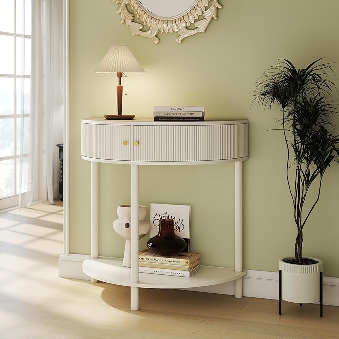 31.5'' Wood Small Console Table Retro Curved Sofa Table with 2-Door Storage Space for Living Room Entryway, Circular Half Moon Design, Cream White