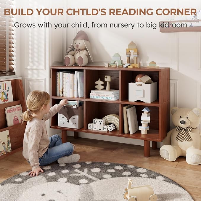 Solid Wood 6 Cube Storage Organizer, Horizontal Bookshelf with Storage, 2 Shelf Bookcase, 6 Cube Shelf, TV Stand Bookshelf, Small Book Shelf for Kids Rooms, Bedroom, Living Room, Offices (47.2 Wide)