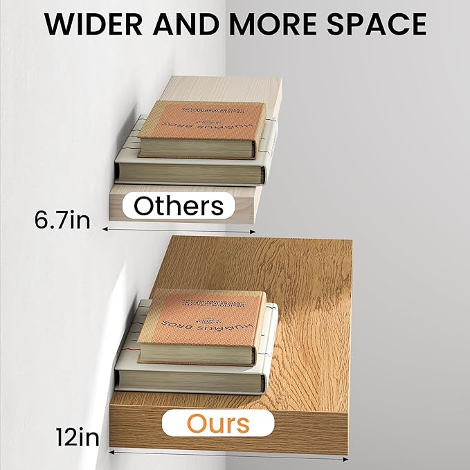 30Inch Oak Floating Shelves for Wall, 12 Inch Deep Shelves for Bedroom, Kitchen, Bathroom Wall Mounted, Rustic Wood Floating Shelf with Invisible Brackets for Books, Storage, Decor, 2 Packs