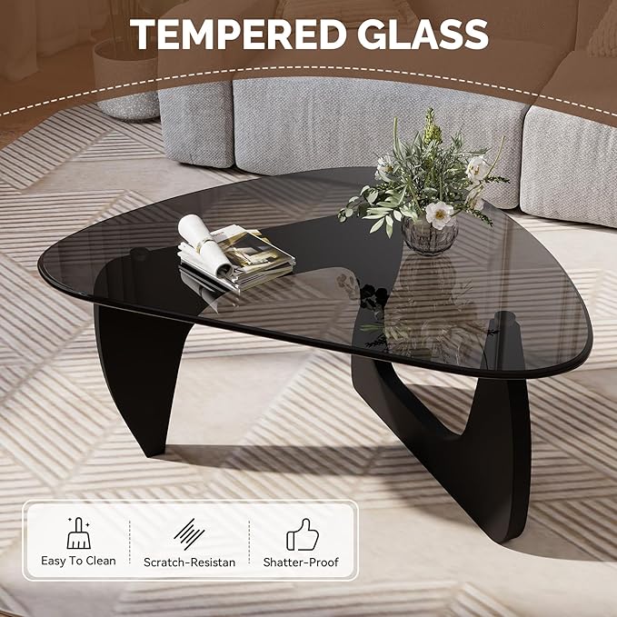 Modern Glass Coffee Table, Triangle Center Table with Tempered Glass Top& Unique Wooden Base, 42.5” Mid Century Tea Tables for Living Room, Apartment, Office,Black & Grey