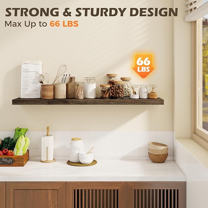 48 Inch Floating Shelves for Wall, 8"D High End Solid Hardwood Shelves for Decor Storage, Rustic Wall Shelves with Invisible Heavy Duty Brackets for Living Room, Kitchen, Bathroom, Walnut, 1 Pack