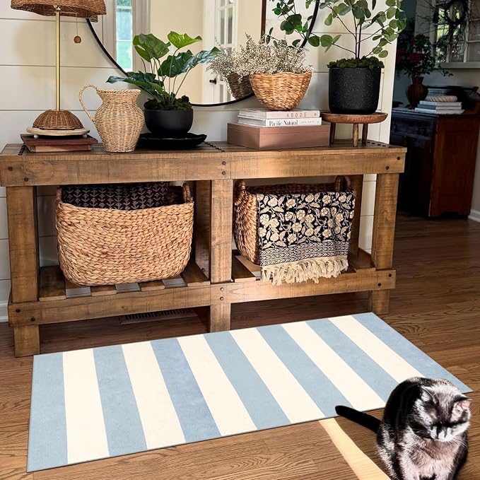 Front Door Mat Indoor Entrance - 2x4.3 Ft Washable Layered Doormat Outdoor Entrance Welcome Mat Front Porch Rug Non-Slip Blue White Striped Runner Rug for Kitchen Bedroom Front Porch Decor
