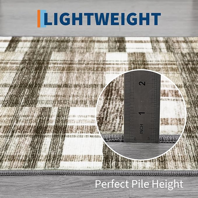 Washable Area Rug 5x7 Rug for Living Room Plaid Low Pile Bedroom Rug Modern Area Rugs Soft Non Slip Throw Rugs Stain Resistant Carpet for Classroom Dining Room Beige 5'x7'