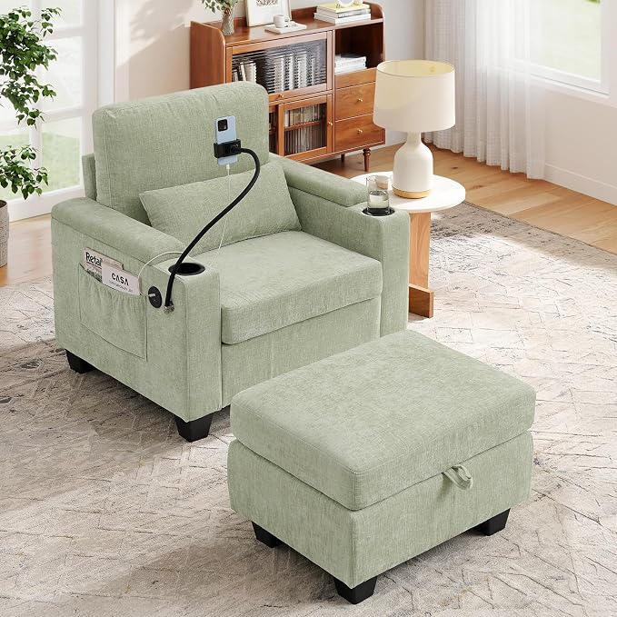 Small Chaise Lounge Chair Indoor with Ottoman&Adjustable Backrest,Chenille Tufted Recliner Comfy Sofa Chair with USB,Phone Holder&Storage Arms,Convertible Sleeper Couch Bed for Living Room(37"W,Cyan)