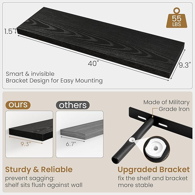 Fun Memories 40 Inch Floating Shelves in Black, 9.3 Inch Deep Floating Shelf for Bathroom Living Room Kitchen, Rusitc Wall Mounted Bathroom Shelves 2 Pack, Heavy-Duty Deep Shelf for Books Decor
