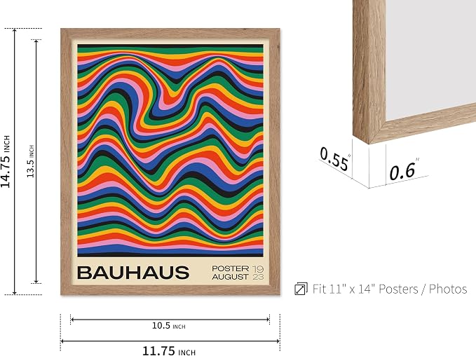 Poster Master Bauhaus Poster - Psychedelic Waves Print - Abstract ART - Rainbow ART - Groovy Style - Chic Boho - Mid Century Modern - Living Room or Bedroom Wall Decor - 11x14 Beige Framed