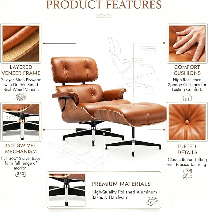 Mid Century Chaise Lounge Chair with Ottoman, Top Black Grain Leather, Modern Office Chair Classic Design, Heavy Duty Base Support for Living Room Study Lounge Office