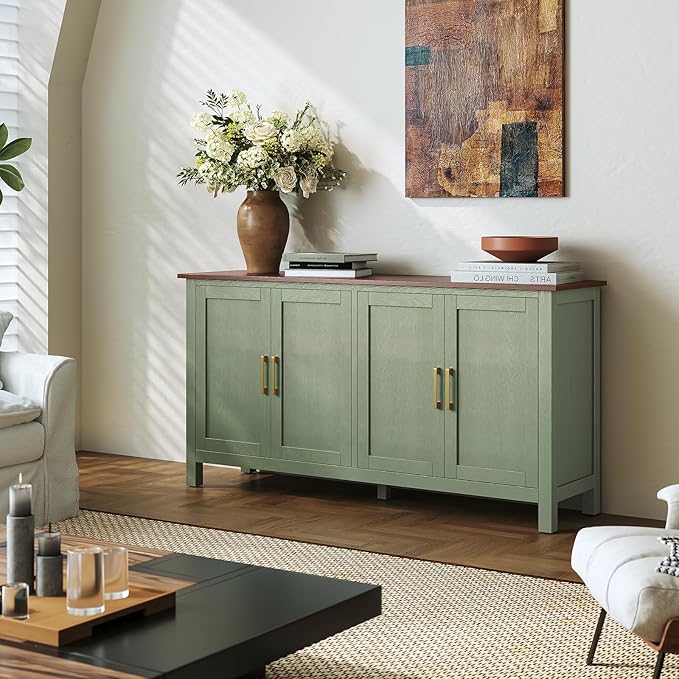 ARTPOWER Large Sideboard Buffet Cabinet with Storage, 60" Accent Cabinet Modern Buffet Table with Adjustable Shelf, Credenza Green Storage Cabinet for Dining Room, Living Room, Kitchen, Entryway
