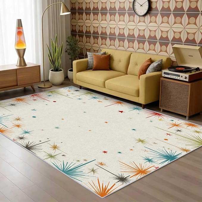 Mid Century Modern Rug 3x5 50s 60s Retro Starburst Pattern Area Rugs for Living Room, Bedroom, Mid Century Modern Home Decor Accessories Indoor Carpet, Non Slip & Machine Washable