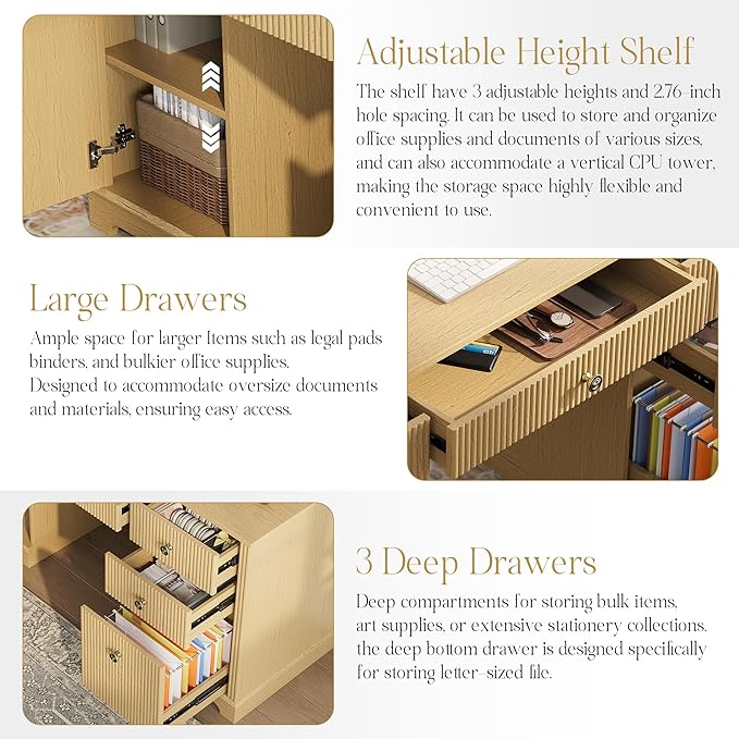 59" Modern Executive Desk with Drawers, Wood Home Office Computer Desk with Charging Station, 5 Drawers & 1 Cabinet, File Drawer, Fluted Computer Writing Desk for Study, Living Room, Bedroom, Oak