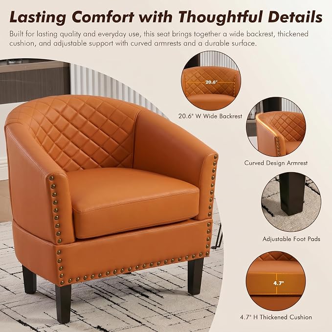 QQU Barrel Accent Chair, Retro PU Leather Club Chair with Nail-Heads, Upholstered Armchair for Living Room, Bedroom, Waiting, Office (Orange)