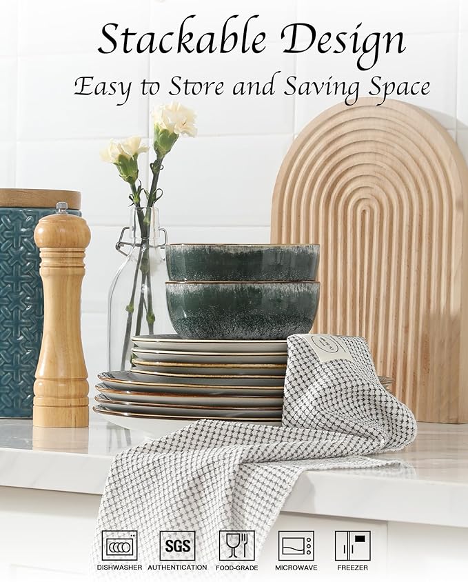 Sweejar Dinnerware Sets Service for 4,12 pcs Porcelain Plates and Bowls for Kitchen, Housewaring Gift,Chip and Scratch Resistant Dish Set,Handmade Dishwasher and Microwave Safe Plate Set,Dark Green
