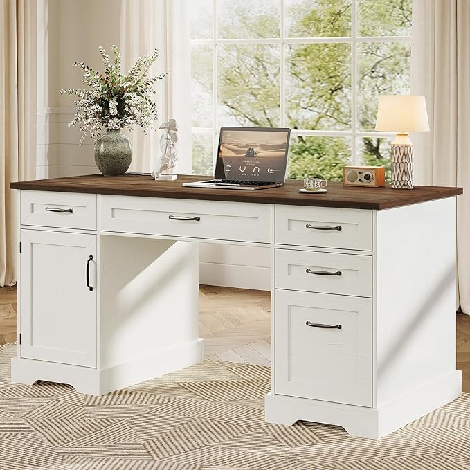 OffiGo 59 Inch Farmhouse Desk with Drawers, Executive Computer Desk with Charging Station, Wood File Cabinet Storage for Home Office, Walnut+White