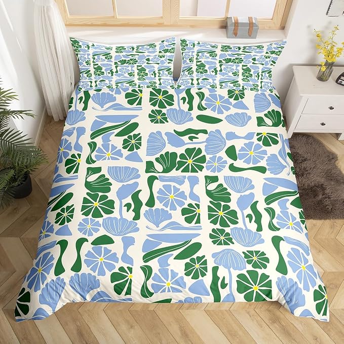 Erosebridal Mid Century Modern Toddler Comforter Cover Abstract Geometric Boho Floral Bedding Set Cute Blue and Green Plants Patchwork Duvet Cover for Kids Adults,Vintage Aesthetic Geometric Bed Set