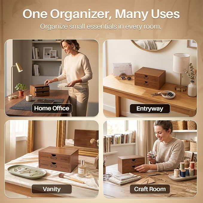 Flexzion Wood Desk Organizer with 2 Drawers, Vintage Desktop Drawers Cabinet for Office Supplies, Home Workspace, Countertop, Vanity, Craft Tools & Mail, No Assembly Required