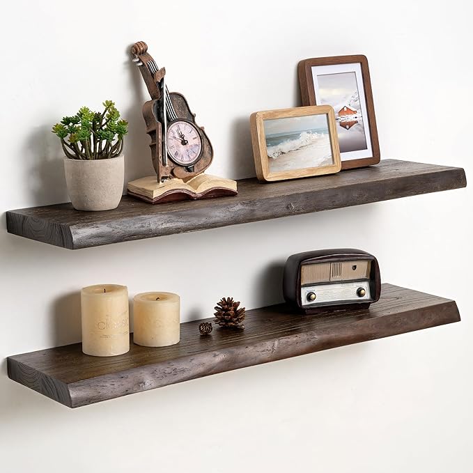 Fun Memories Floating Shelves for Wall Decor Set of 2-32 Inch Solid Elm Wood Live Edge - Rustic Walnut Wall Shelves with Invisible Brackets - for Living Room, Bedroom, Kitchen - Walnut Finish