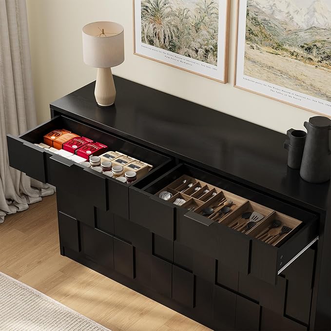 ONBRILL 61" Sideboard Buffet Cabinet with Storage, Large Coffee Bar Cainet with Doors and Drawers, Wood Credenza Console Cabinet Buffet Table for Kitchen Living Room Entryway (Black)