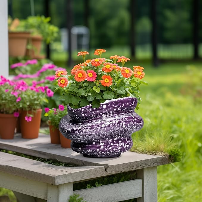 Ceramic Pots for Plants - 10.6 Inch Ceramic Plant Pots Indoor with Drainage Hole, Unique Planters for Indoor Outdoor Plants, Decorative Planter, Garden Room Decor, Housewarming Gifts, Purple
