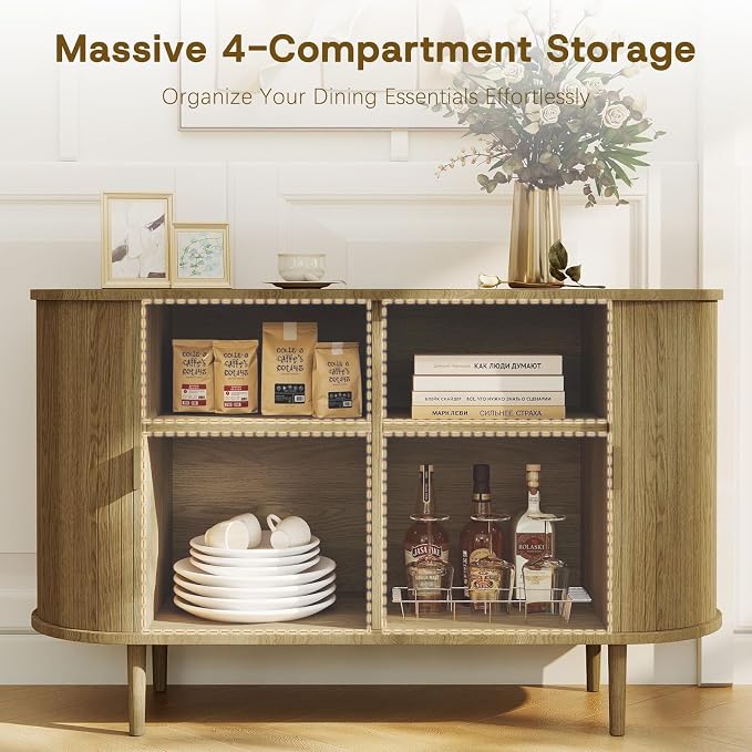 Fluted Sideboard Buffet Cabinet with Storage, 47" Mid-Century Modern Console Table with Sliding Doors, Wood Credenza for Dining Room, Coffee Bar Station, Brown