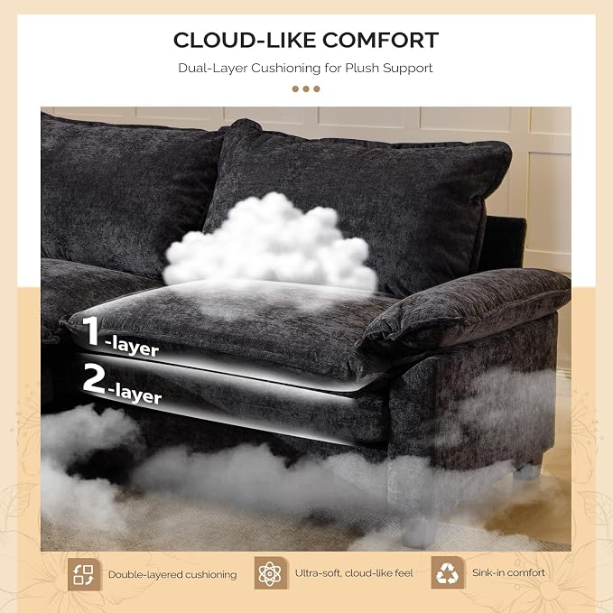 VINGLI 87" Convertible Sectional Sofa,L-Shape Deep Seat Sofa Couch for Living Room,Modern Chenille 2 Seat Loveseat Sofa with Ottoman for Small Space(Black, 87")