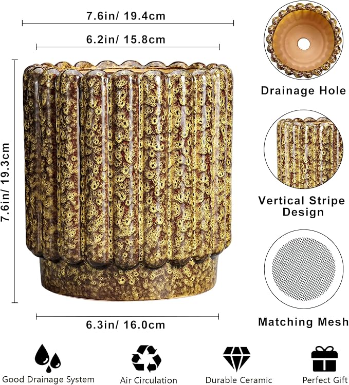 Ceramicfor Ceramic Planter - 7.6 Inch Ceramic Plant Pots Indoor, Round Flower Pots with Drainage Hole, Fluted Decorative Outdoor Planters, Office Home Decor, Plant Lover Gifts, Yellow