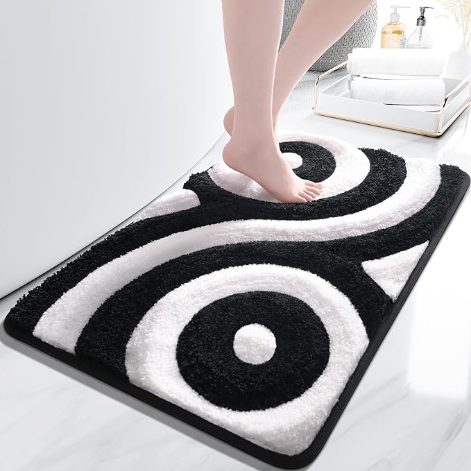 QJHOMO Black and White Cute Bathroom Rugs Non Slip Bath Mat Modern Aesthetic Bathroom Decor, Geometric Striped Bath Rug Fluffy Floor Mats, Thick Microfiber Carpet Machine Washable (18x26 inch)