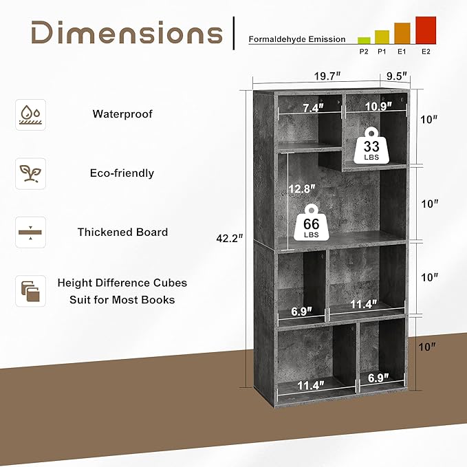 VECELO 7-Cube High Bookcase 42 Inch - 4-Tier Modern Storage Cabinet with Adjustable Height Shelves, Easy Assembly for Textbooks Display, Home Office, Grey