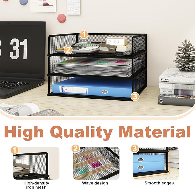 Natwind 3 Tier Letter Trays, File Trays for Desk Stackable,Desktop Paper Organizers for Office Supplies, Metal Mesh File Organizer，Office Organizer，Letter Trays for Home, Office, School，Black