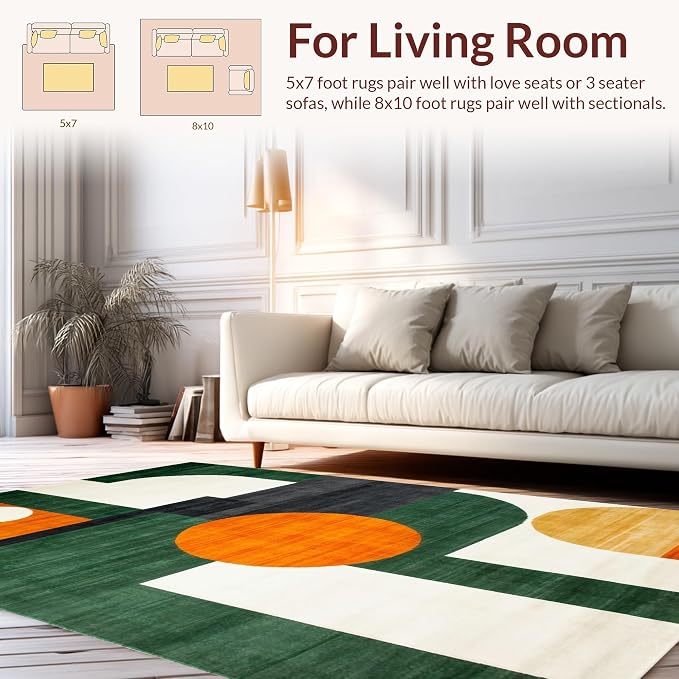 Flatwoven High Traffic Area Rug 8x10, Mid Century Modern Geometric Rug Retro Style, Non Slip, Stain Resistant, Washable Area Rugs for Living Room, Bedroom (Orange, 8x10)