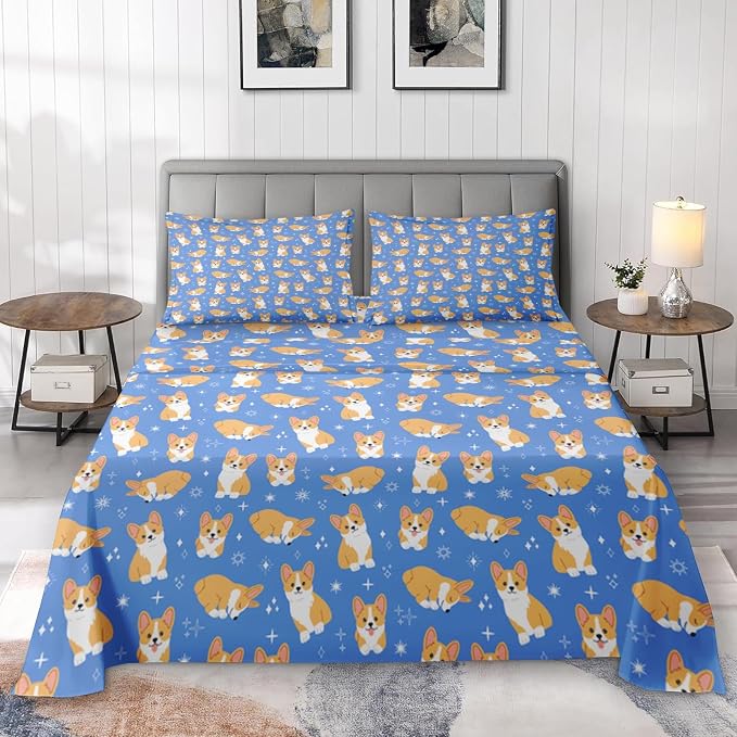 Pamnest Twin Size Bed Sheet Sets, Kawaii Cute Corgi Soft Microfiber 3 Pcs Bedding Sets for Kids and Adults Bedroom Bed Decor, Dog Animal Flat, Fitted Sheet and Pillowcases