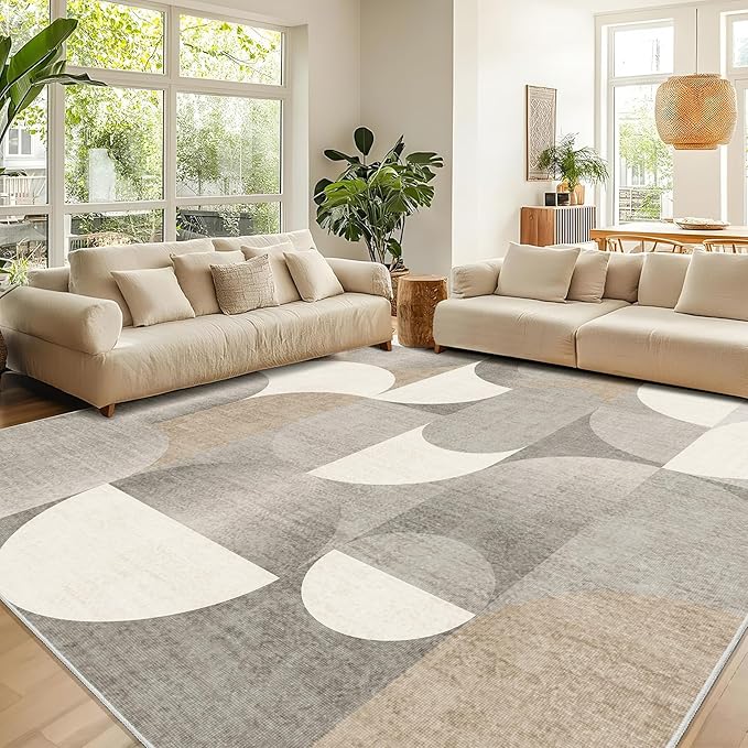 Large Beige Area Rugs 9x12 Washable Rug for Living Room Bedroom Dining Room,Modern Geometric Non Slip Carpet