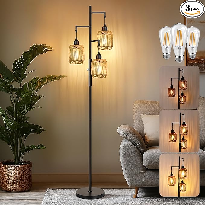 ROTTOGOON Dimmable Boho Floor Lamp - 3 Light Farmhouse Rattan Floor Lamp for Living Room, Industrial Tree Floor Lamps with 3 X 6W LED Bulbs, Rustic Standing Tall Lamp for Bedroom, Office, 68", Black