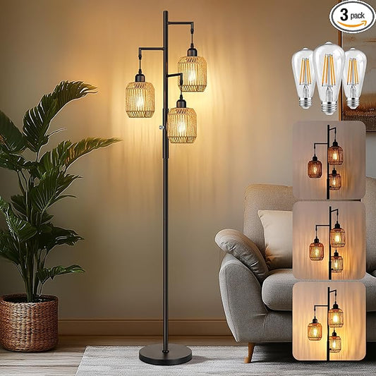 ROTTOGOON Dimmable Boho Floor Lamp - 3 Light Farmhouse Rattan Floor Lamp for Living Room, Industrial Tree Floor Lamps with 3 X 6W LED Bulbs, Rustic Standing Tall Lamp for Bedroom, Office, 68", Black