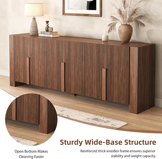 Fluted Sideboard Buffet Cabinet with Storage Cabintes, Farmhouse Storage Credenza Cabinet with Shelves, 78.75" Large Coffee Bar TV Stand for Living Room Kitchen Dining, Walnut