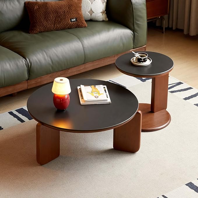 YESWOOD Round Coffee Table Set of 2, Wood Nesting Tables with Sintered Stone Top, Mid Century Morden Table,Small Coffee Table Living Room Table for Bedroom Balcony Living Room