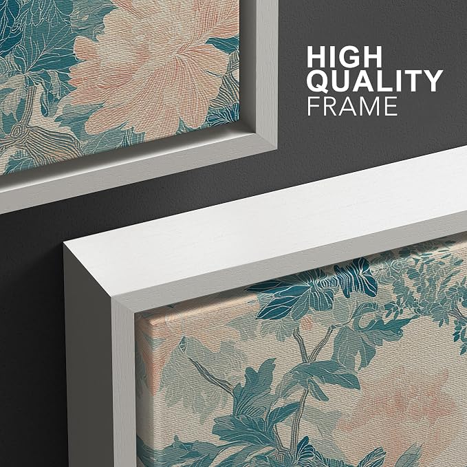 wall26 Framed Print Wall Art Set Elegant Blue Bird and Peony Floral Pattern Decorative Minimal Relax/Zen for Living Room, Bedroom, Office - 24"x36"x3 WHITE