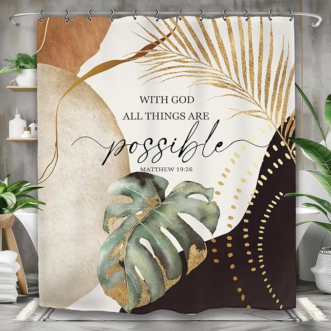 Yookeb Abstract Mid Century Bathroom Shower Curtain 60W by 71H Inch Bible Quotes Minimalist Aesthetic Modern Vintage Polyester Fabric 12 Plastic Hooks Waterproof Decor