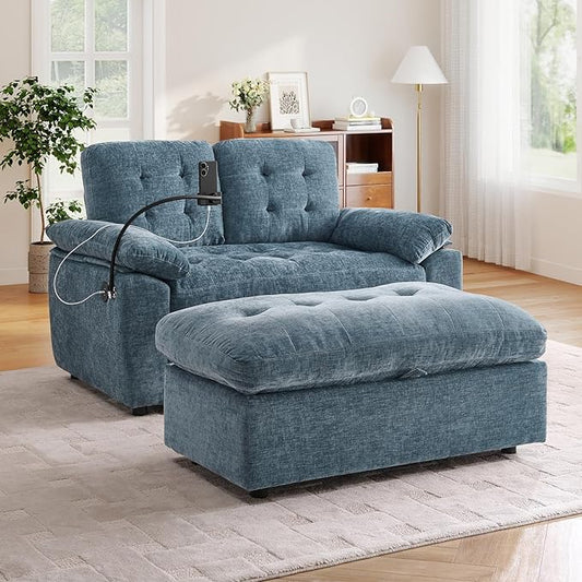Oversized Chaise Lounge Chair Indoor with Ottoman&Adjustable Backrest,Chenille Tufted Recliner Comfy Loveseat Sofa Chair with USB&Phone Holder,Convertible Sleeper Couch Bed for Living Room(56"W,Blue)